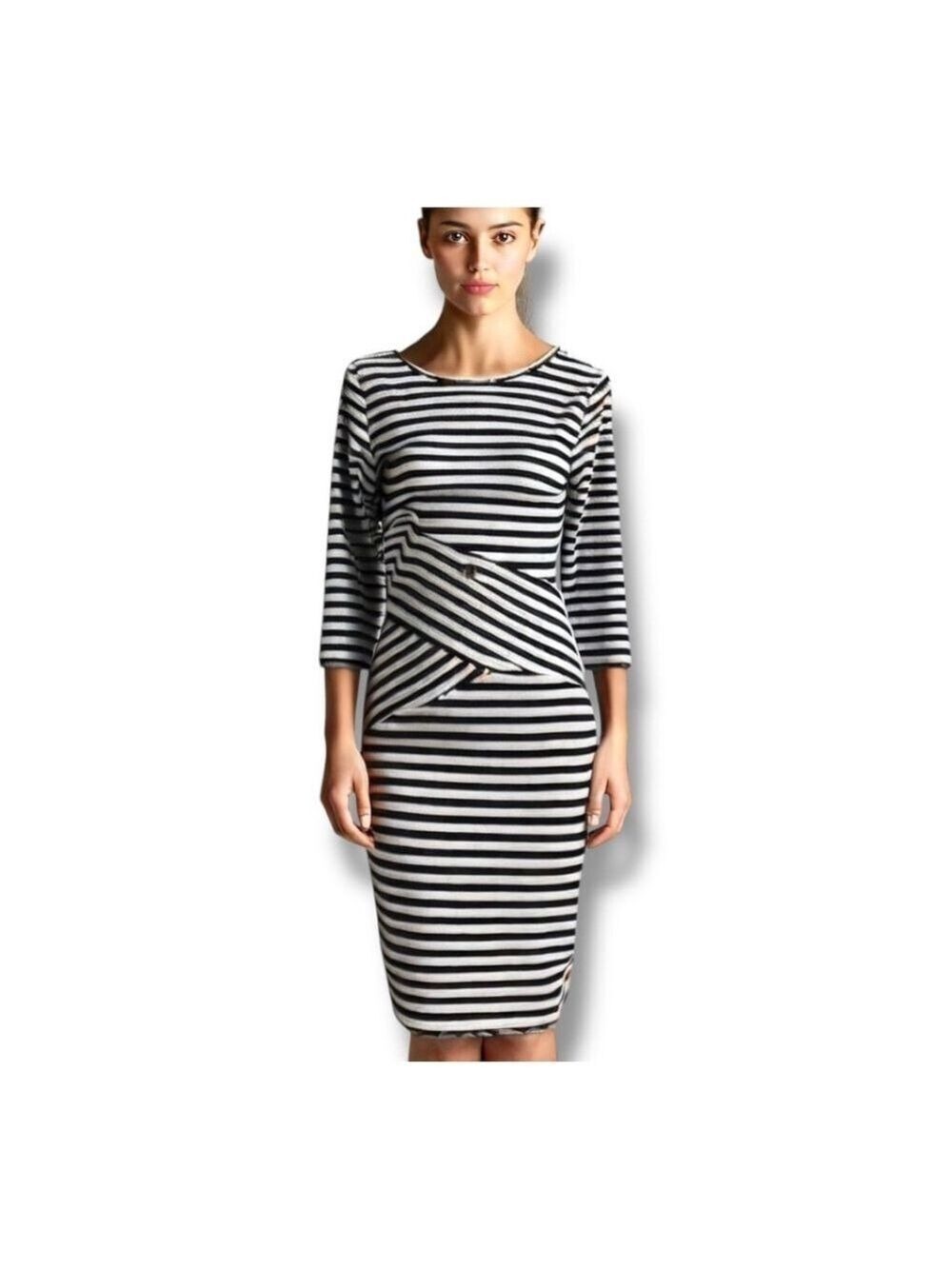 Yelete Black and White Striped MIDI Dress, Women’s Size Large, NWT